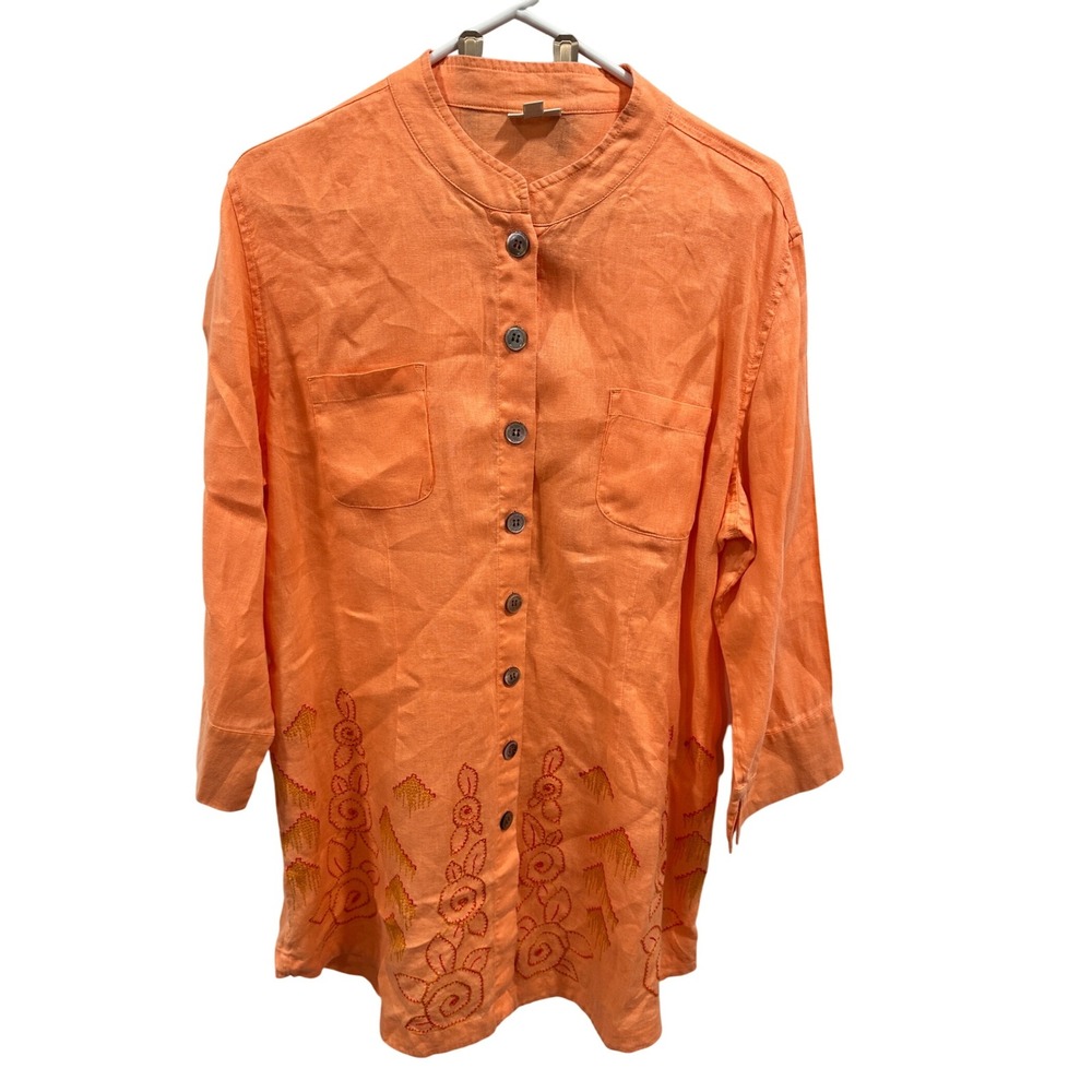 J Jill Linen Embroidered Button Front Shirt Mandarin Collar Top Women's L